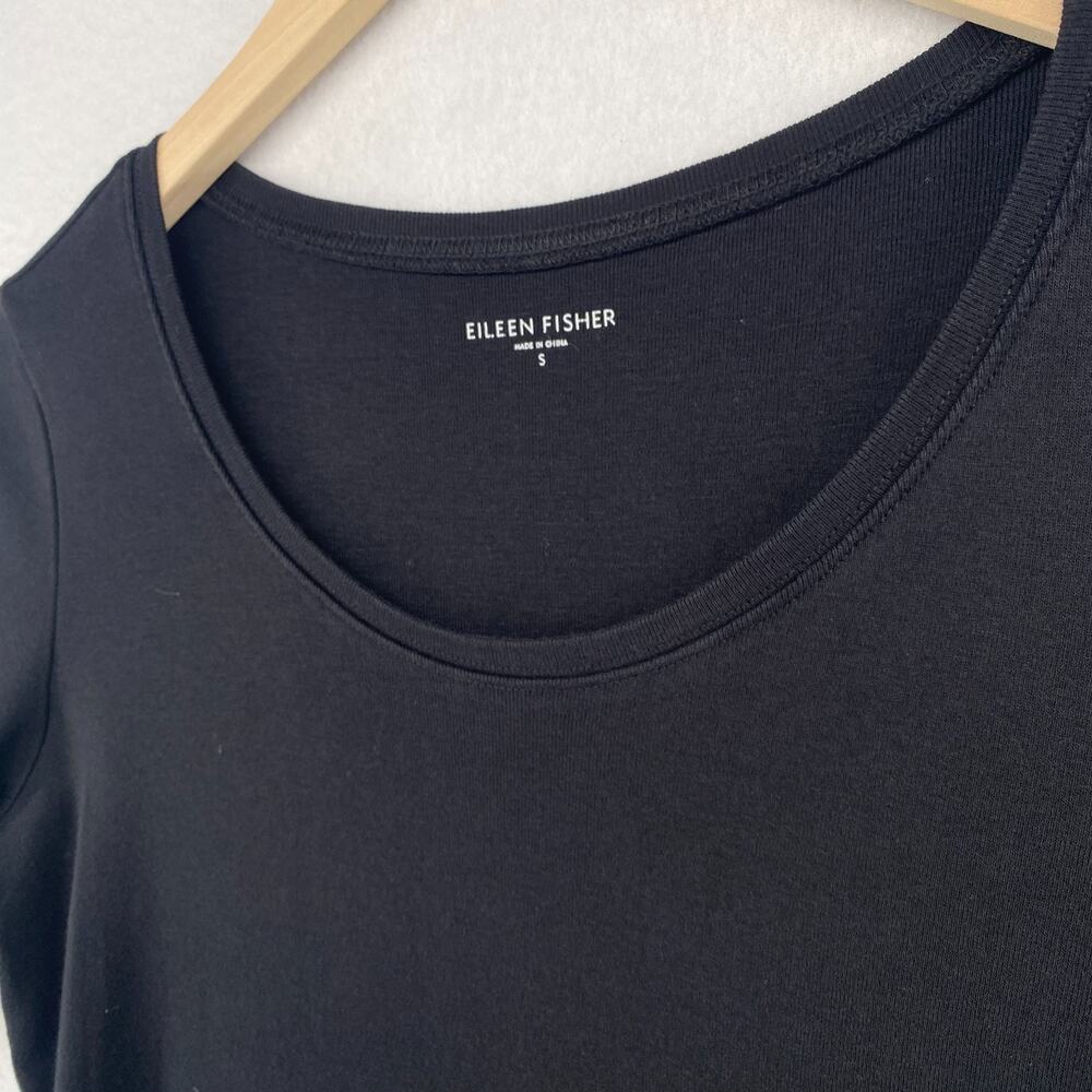 EILEEN FISHER Top S Organic Cotton Ribbed Jersey Scoop Neck Elbow Sleeve Black - Picture 2 of 9